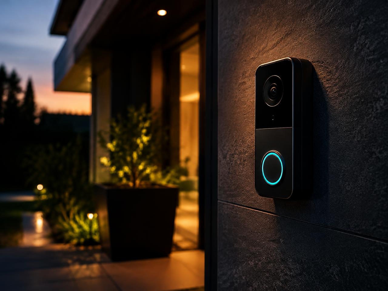 Video doorbell glowing on a dark wall at dusk