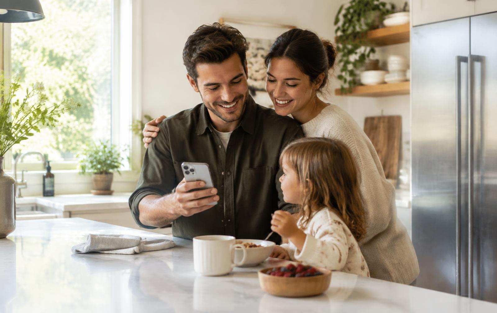 Family in a bright kitchen smiling at a phone