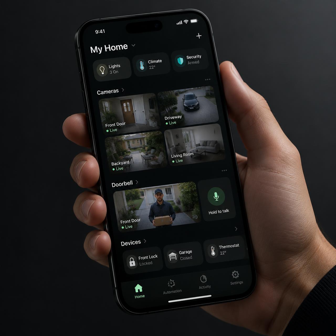 Hand holding a phone showing the Smart Systems home dashboard with live camera feeds
