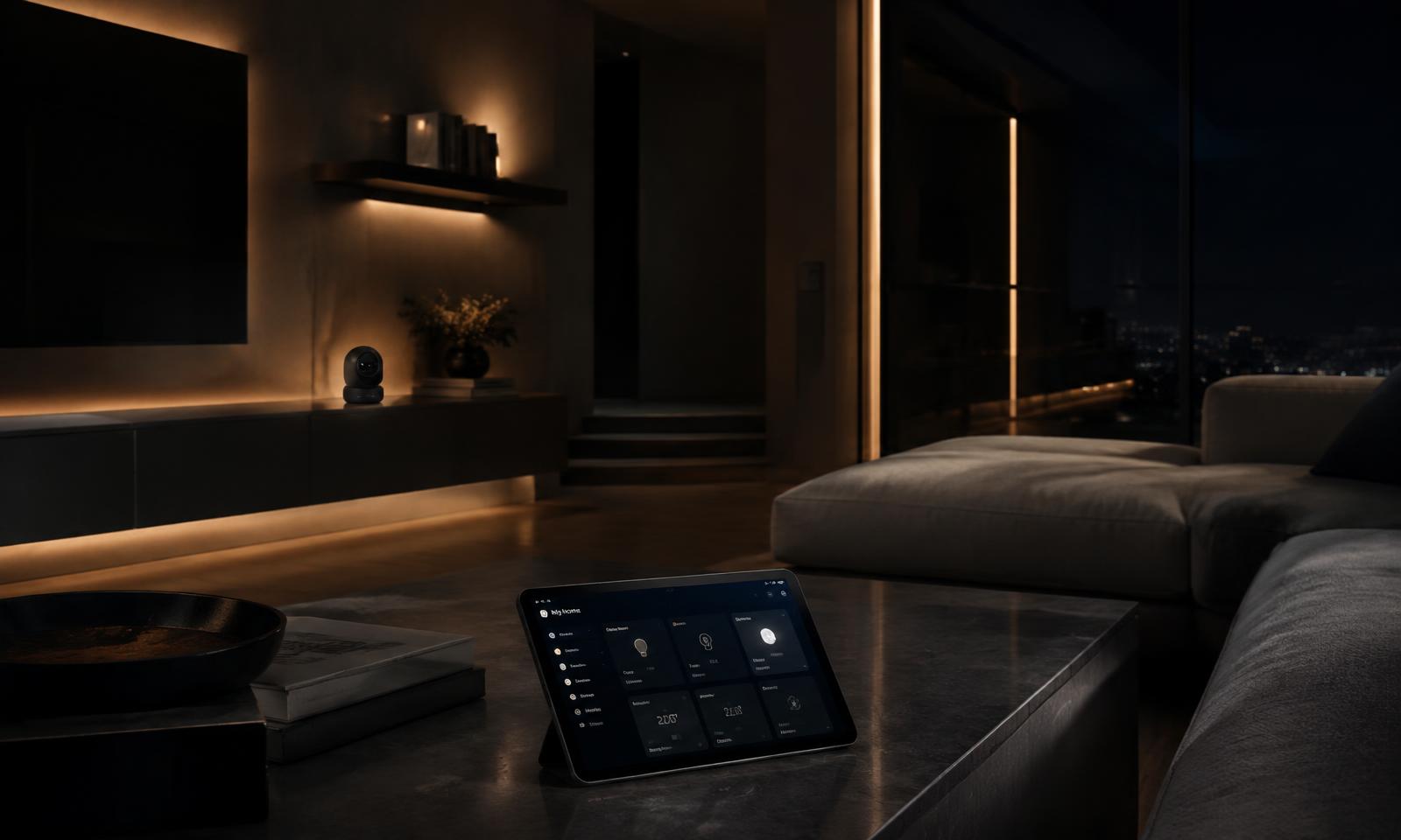 Living room at night with a tablet showing the Smart Systems dashboard