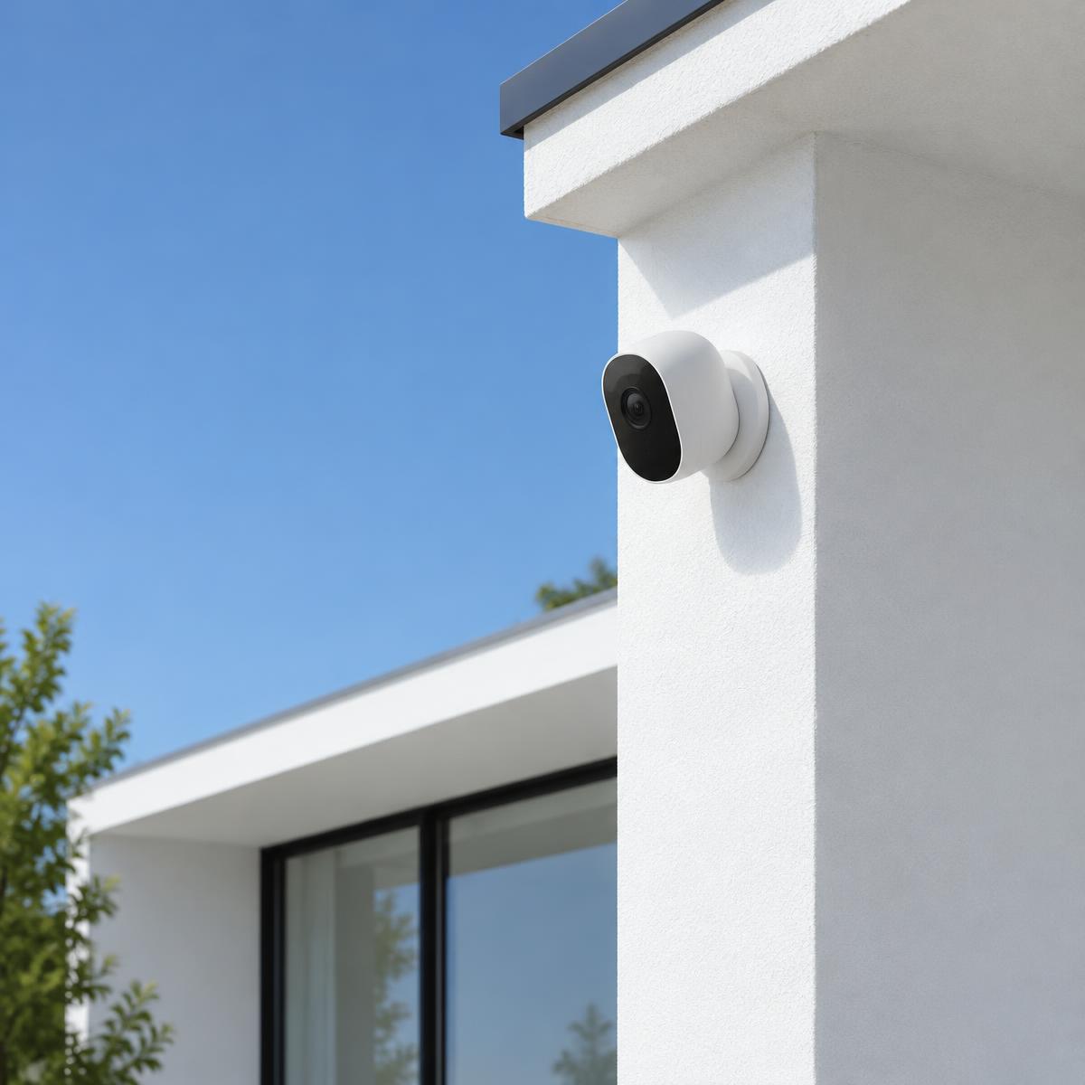 White security camera mounted on a modern house