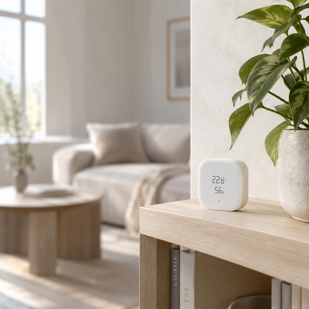 White temperature and humidity sensor on a shelf