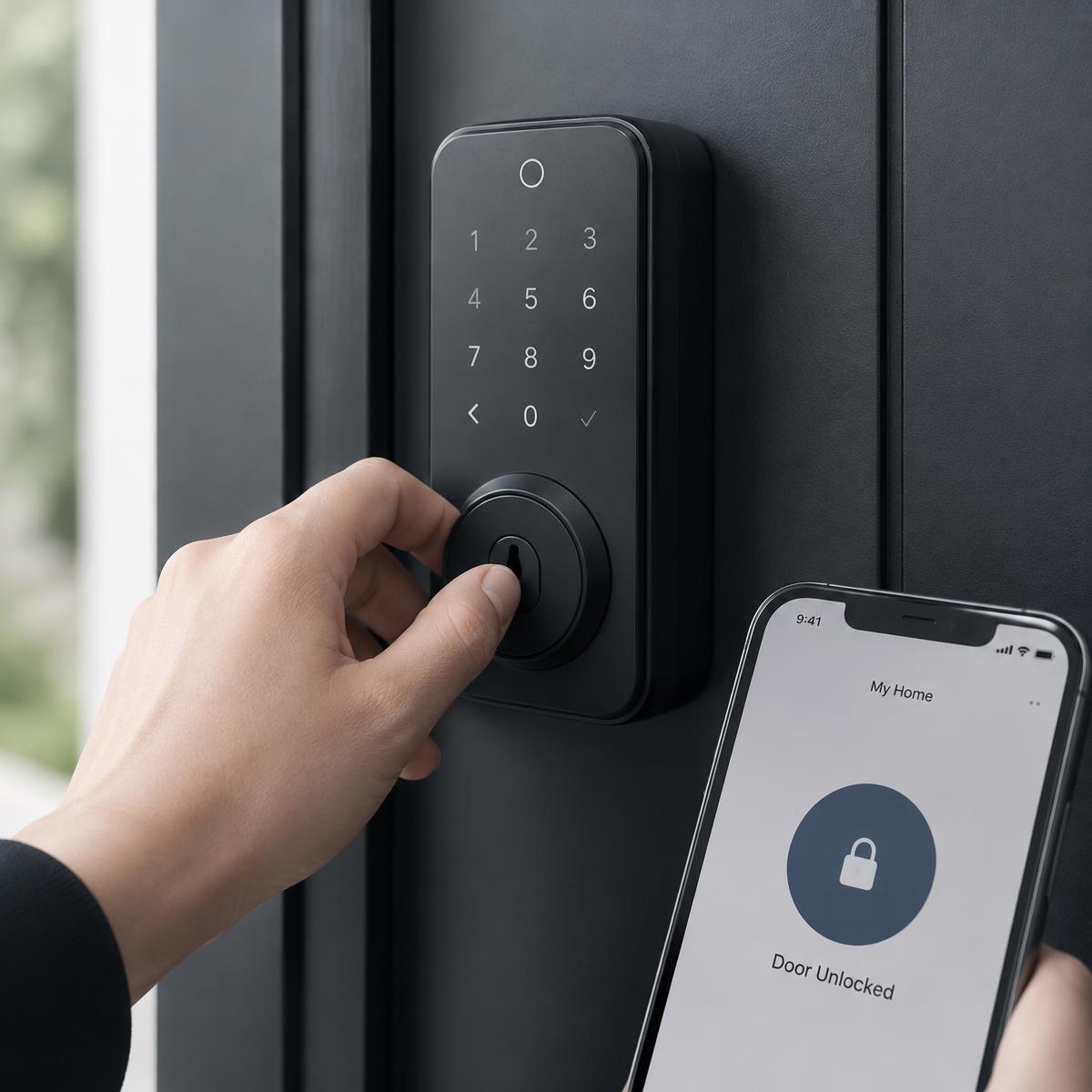 Hand unlocking a smart lock with a phone showing Door Unlocked
