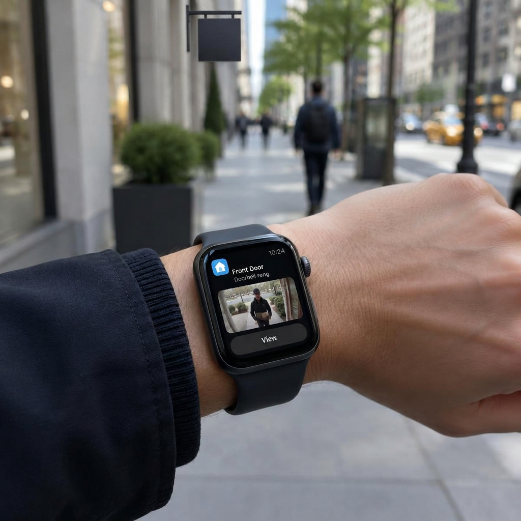 Smartwatch showing a doorbell notification with camera preview
